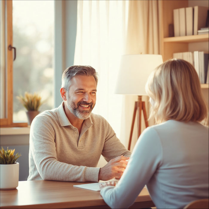 Psiholog razgovara s odraslom klijenticom u ugodnom terapijskom prostoru – EmotiCor, psihologijska dijagnostika odraslih